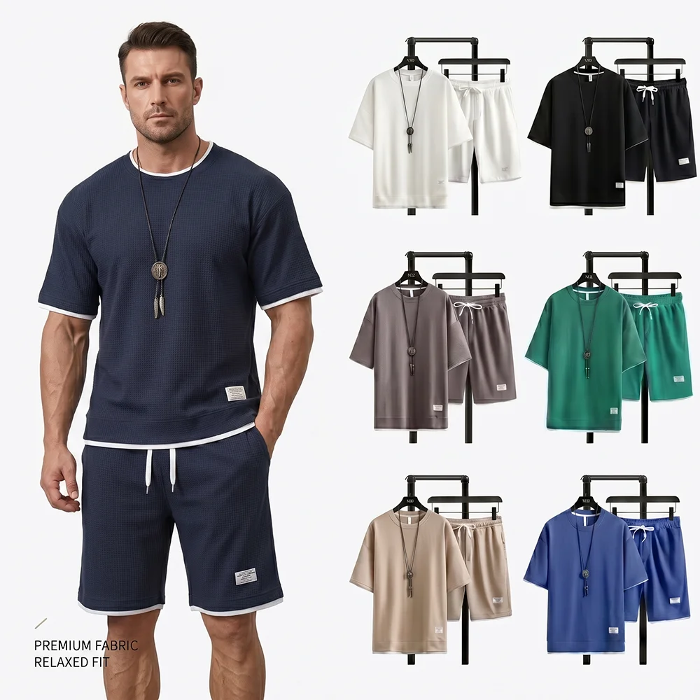 Street Fashion Dance - Sommer Herren Waffelstrick Trainingsanzug Übergroßes Kurzarm-T-Shirt