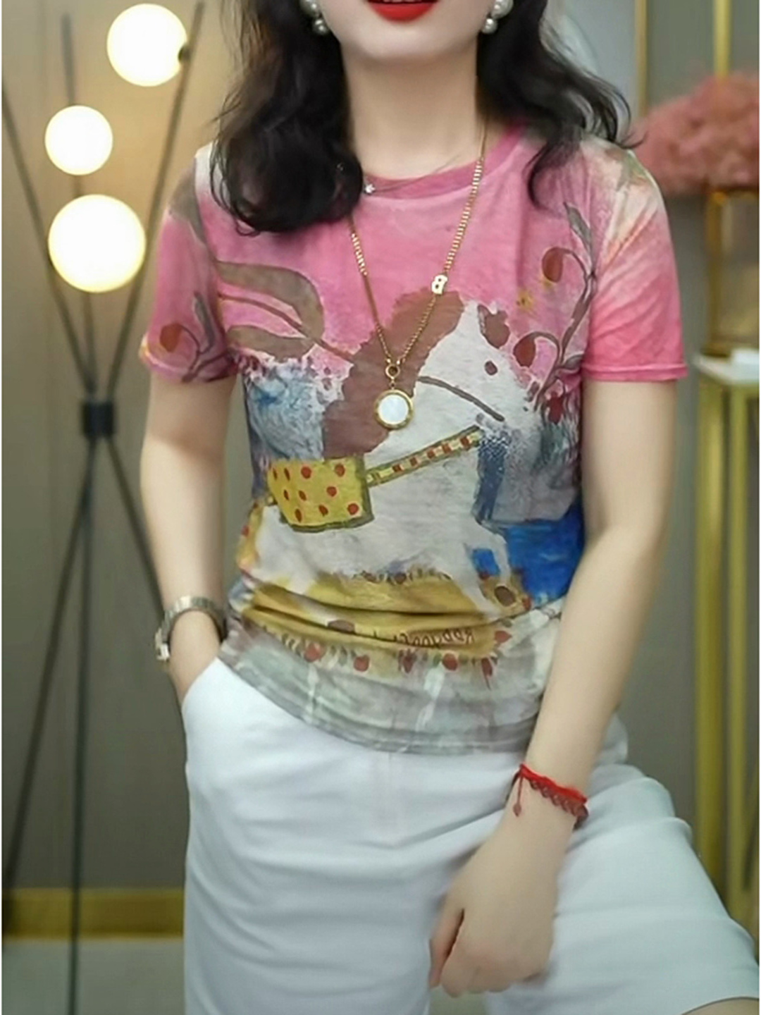 Mesh Top Layering - Koreanischer Stil Doppellagiges Mesh-Print Kurzarm-Rundhals-T-Shirt Damen