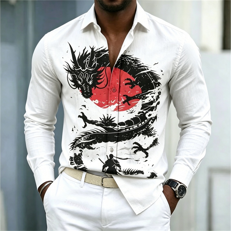 Street Fashion Styles - 2026 Neues Herrenhemd Weiß Schwarz Rot