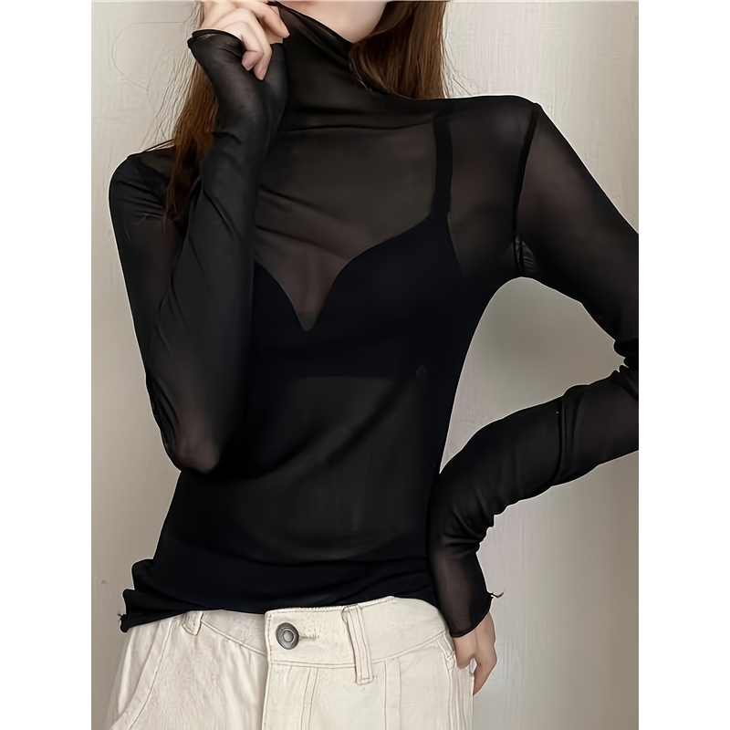 Mesh Top Layering - Frühling Sommer Transparentes Langarm-Unterhemd Vielseitiges Netz-Spitzen-Unterhemd