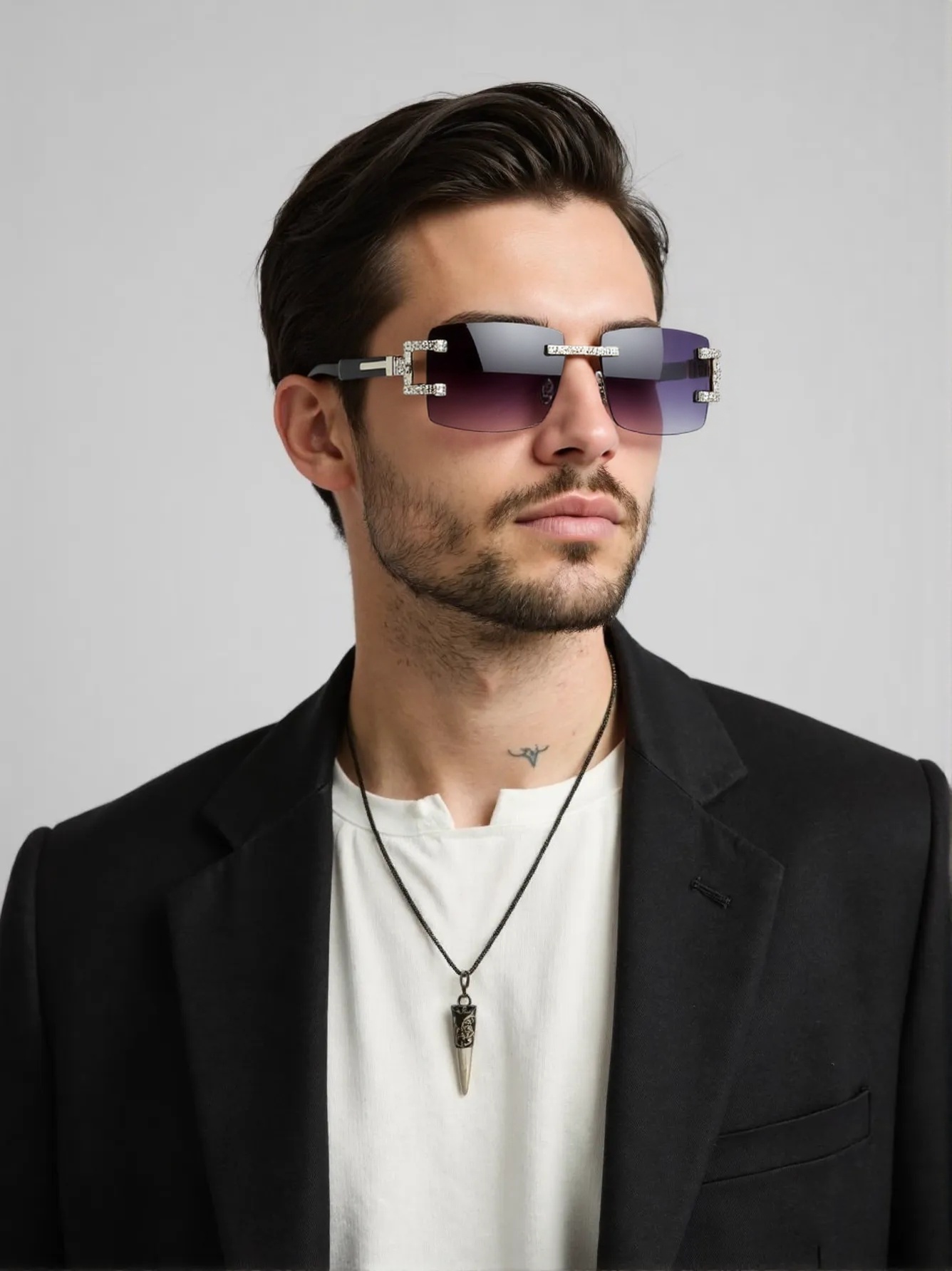 Street Fashion Shoot - Retro-Mode-Sonnenbrille mit Holzbeinen, trendige randlose Diamantbrille,