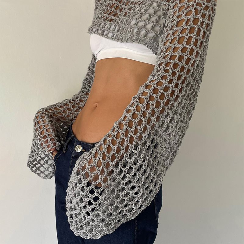 Mesh Top Layering - Langarm Häkeln Crop Top Sommer Strick