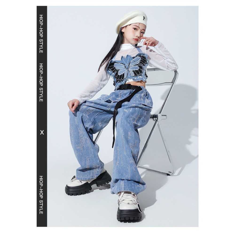 Street Fashion Dance - Jazz Hip-Hop Tanz-Set Mesh Langarm-Schmetterlingsweste Jeanshose